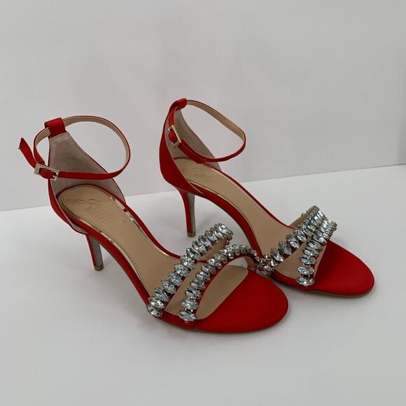Jewel Badgley Mischka Melania red satin rhinestone crystal sandal heel new 5.5 - Picture 3 of 9